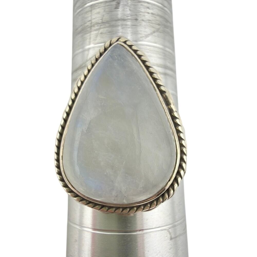 925 Sterling Silver Pear Rainbow Moonstone Rope Twist Ring Size 8.5